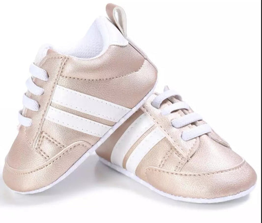 Gold Sneakers with White Stripes 