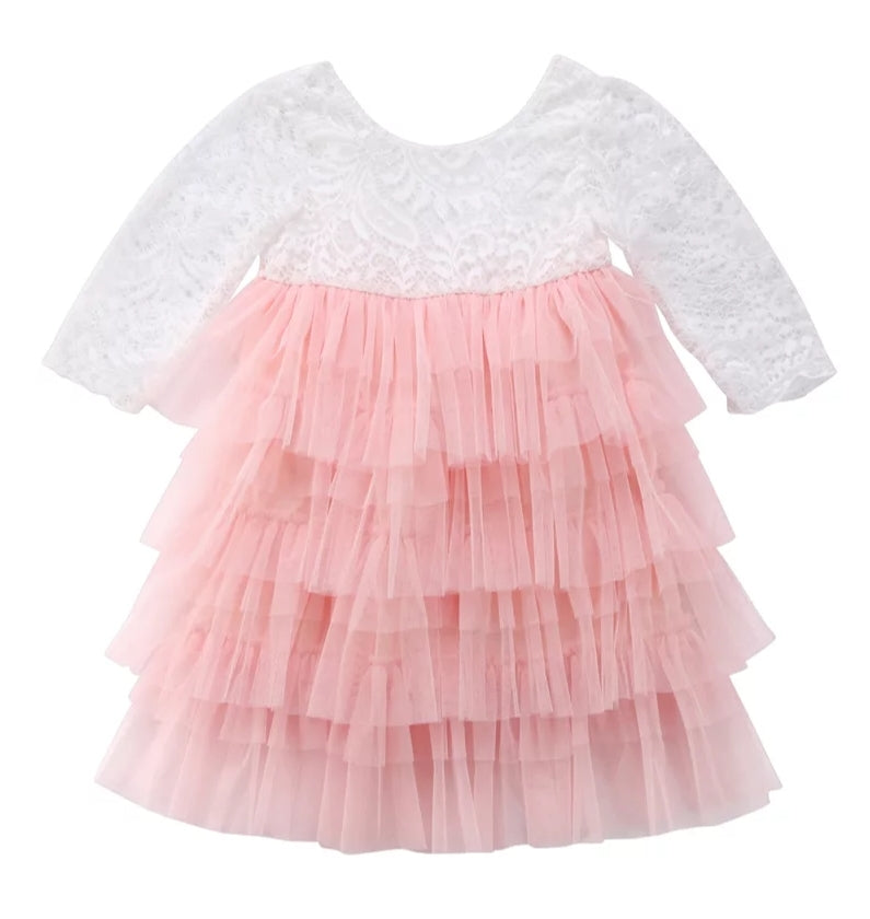 Long Sleeve Lace and Peachy Pink Tutu Dress 1000329