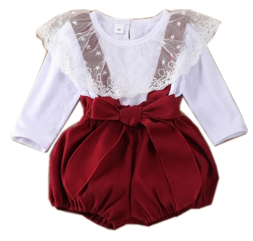 Yarn Lotus Leaf  Lace Top &amp; Strapped Burgundy Overall Shorts