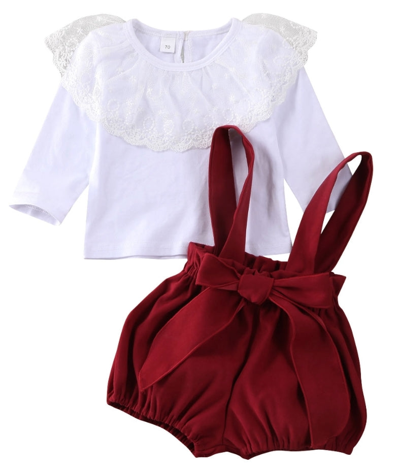 Yarn Lotus Leaf  Lace Top &amp; Strapped Burgundy Overall Shorts