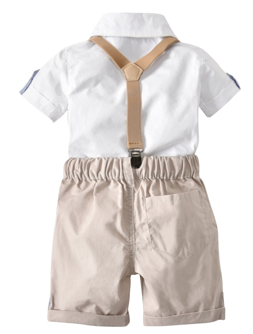 Gentleman Suit, White Shirt,  Bowtie, Chino Shorts And Suspenders