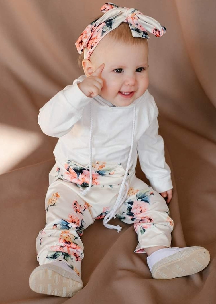 White Floral Hoodie with Floral Pants and Headband