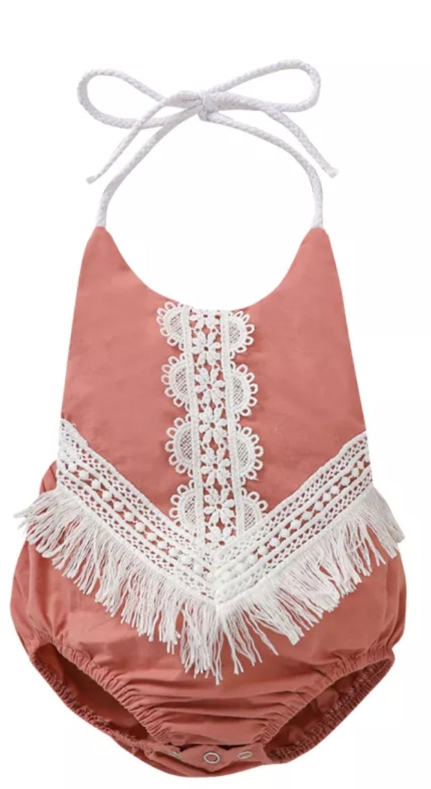 Dusty Pink Boho Romper with Lace