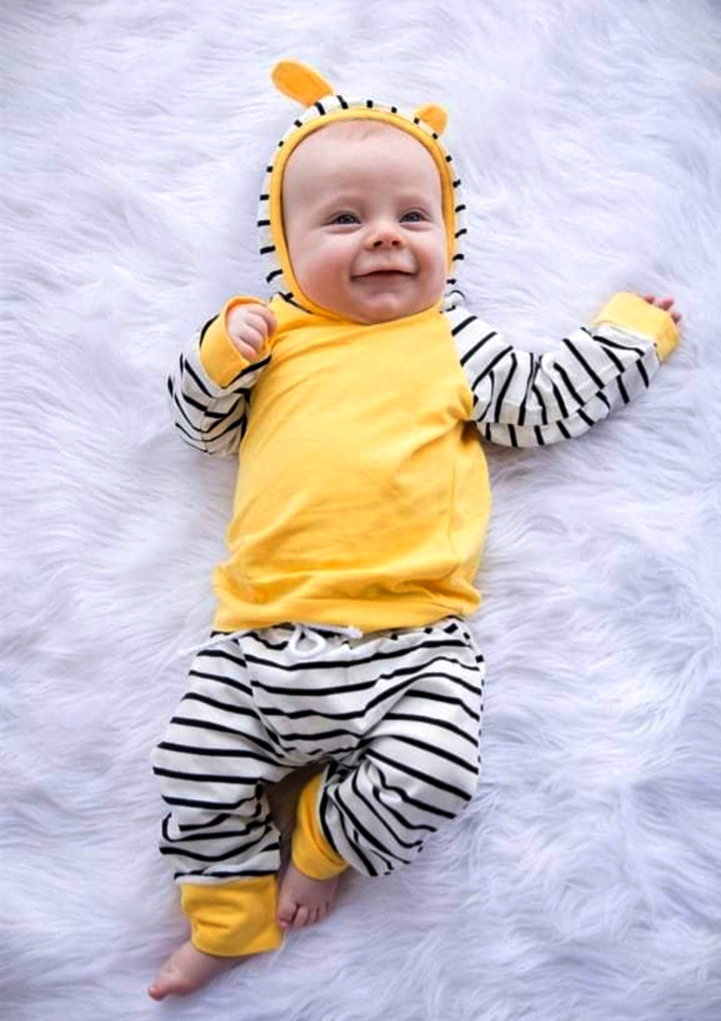 Yellow Hooded Top With High Wasted Striped Pants #1000134