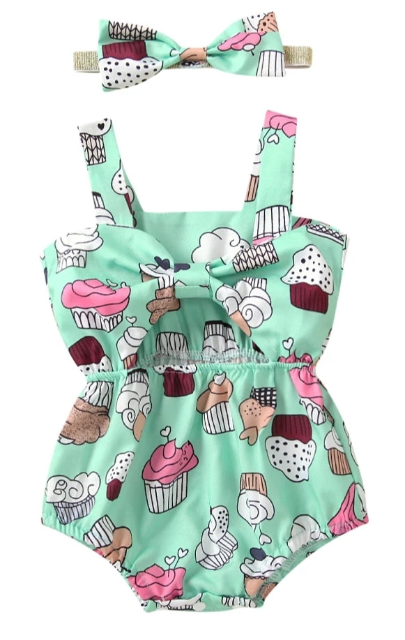 Mint Cup Cake Bowknot Romper