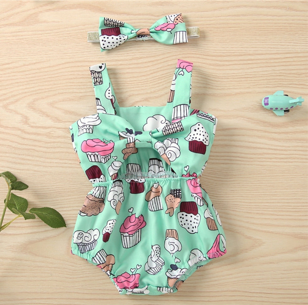 Mint Cup Cake Bowknot Romper