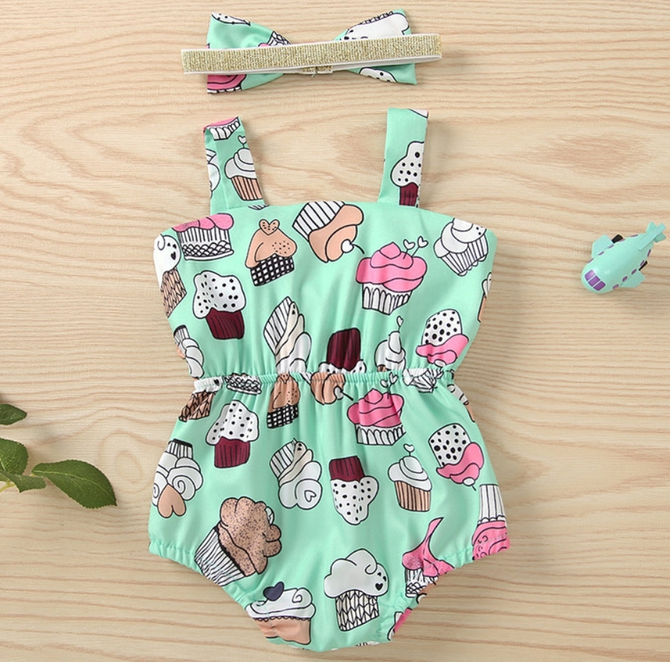 Mint Cup Cake Bowknot Romper