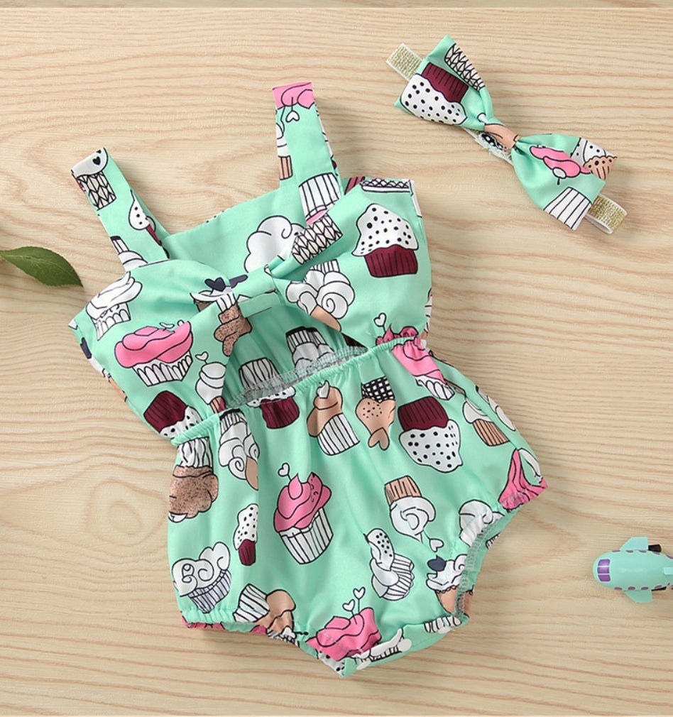 Mint Cup Cake Bowknot Romper