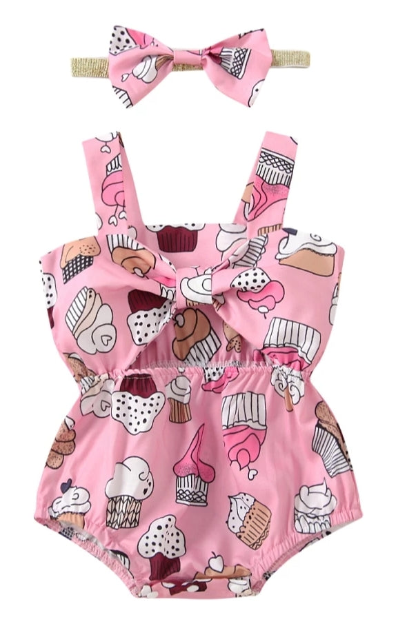 Pink Bowknot Cup Cake Romper