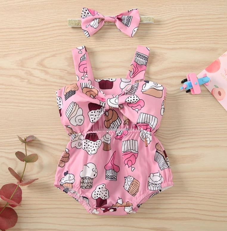 Pink Bowknot Cup Cake Romper 1000500