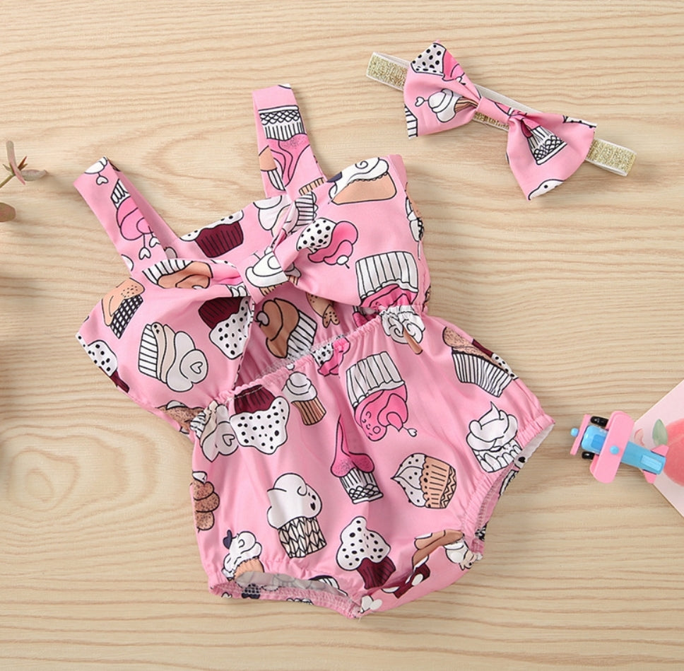 Pink Bowknot Cup Cake Romper