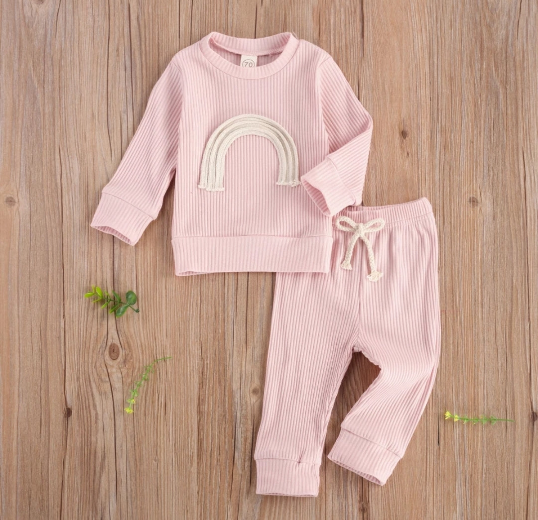Pink Crewneck Ribbed Rainbow Tracksuit  100098