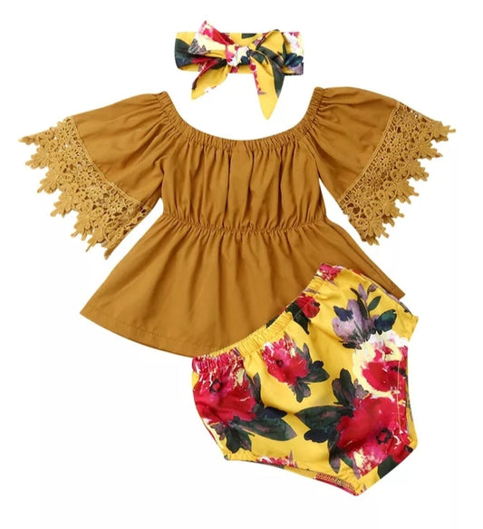 Mustard Bell Lace Sleeve top wit Floral Bloomer and Headband