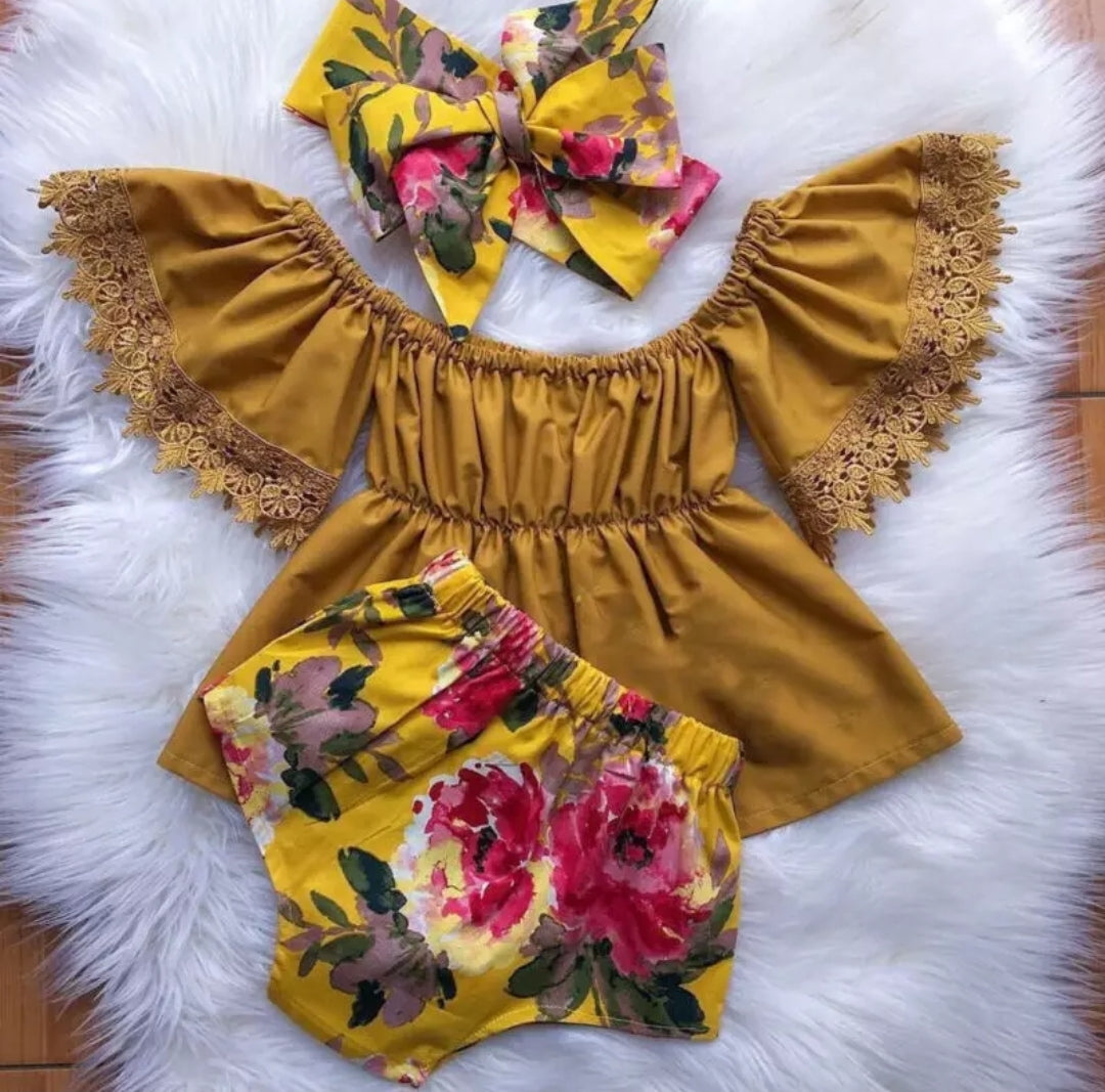 Mustard Bell Lace Sleeve top wit Floral Bloomer and Headband 1000535