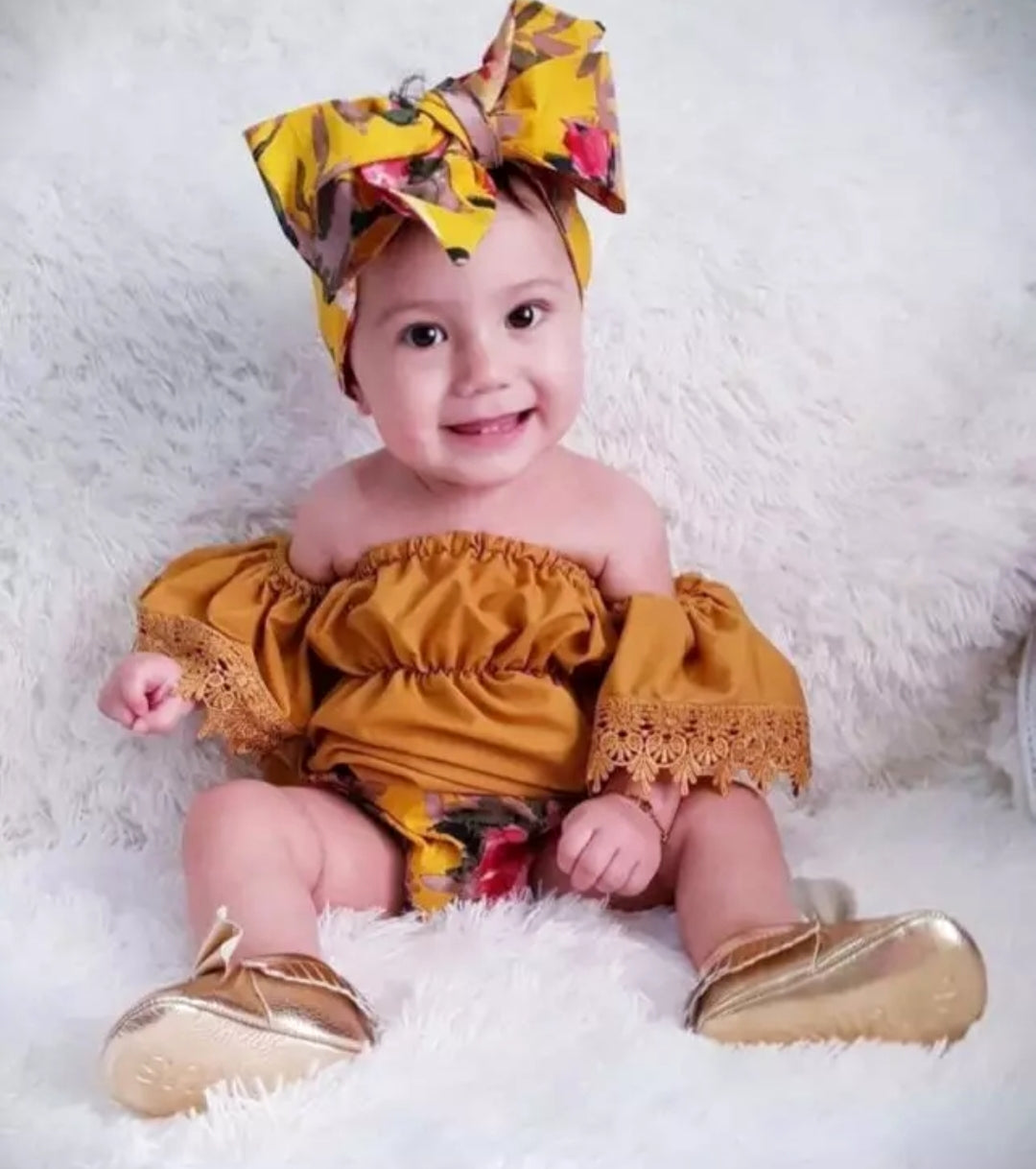 Mustard Bell Lace Sleeve top wit Floral Bloomer and Headband 1000535