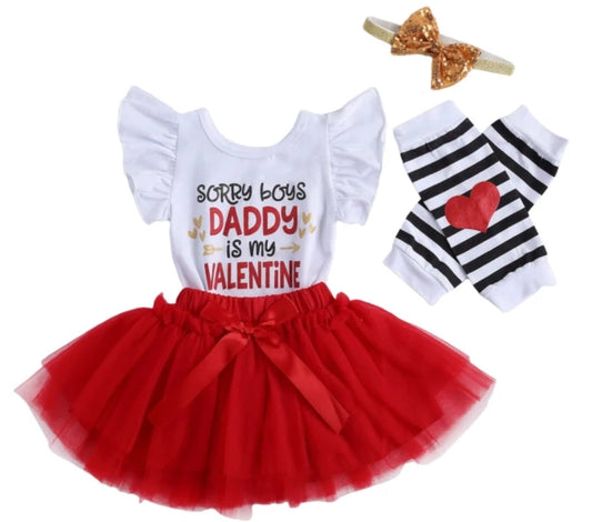 Sorry Boys DADDY is My Valentine Romper Tutu, Knee Warmers and Headband