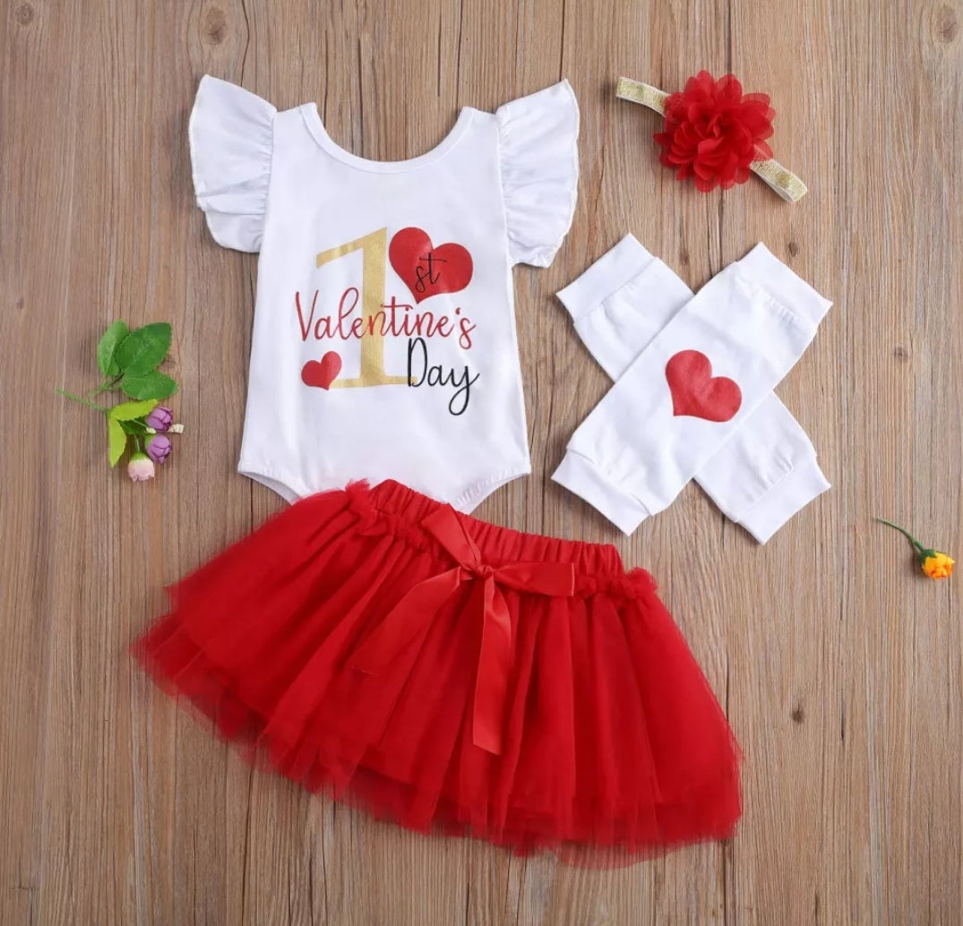 My First Valentine's day Romper with Tutu, Leggings and Headband