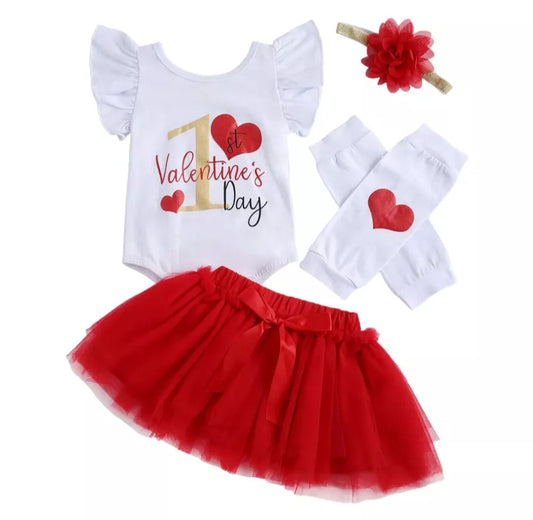 My First Valentine's day Romper with Tutu, Leggings and Headband