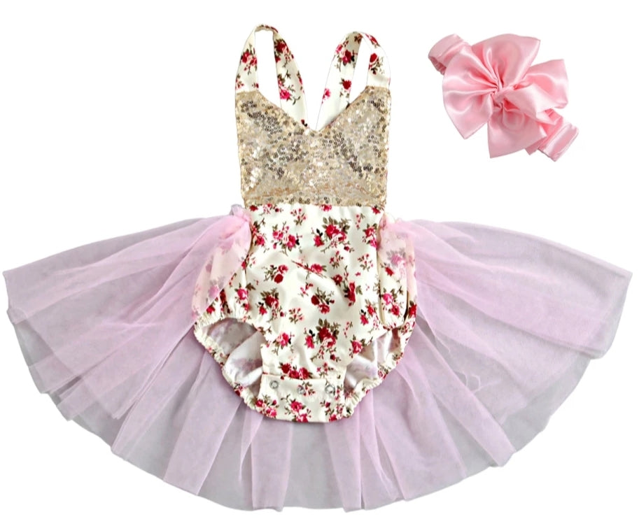 Romantic Floral Sequins Tutu Romper