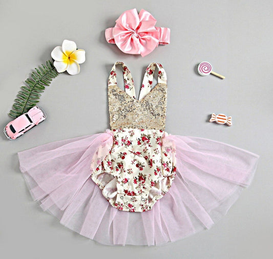 Romantic Floral Sequins Tutu Romper