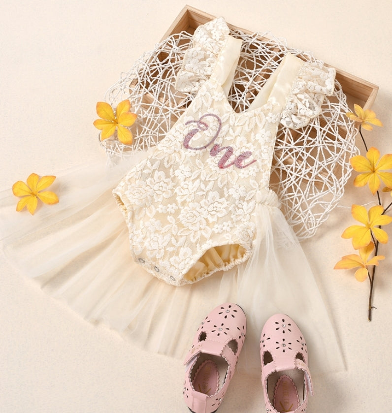 Birthday Outfit ONE Cream Lace Romper