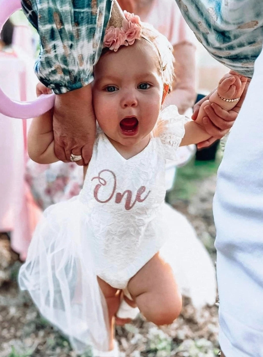 Birthday Outfit ONE Cream Lace Romper