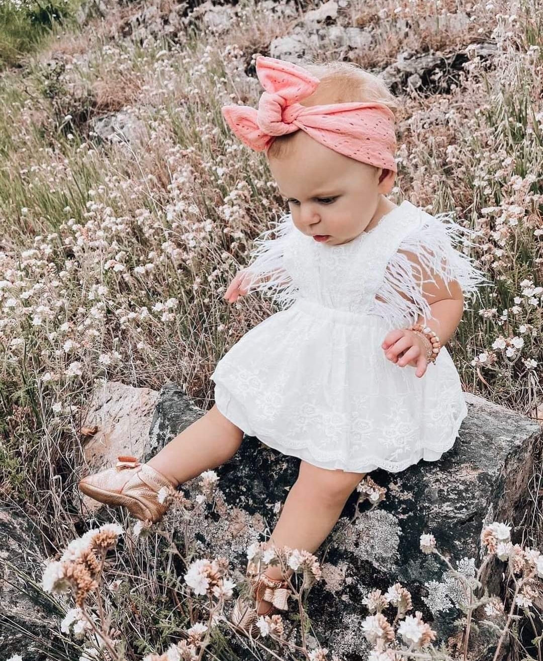 White Lace Dress with Feather Detail