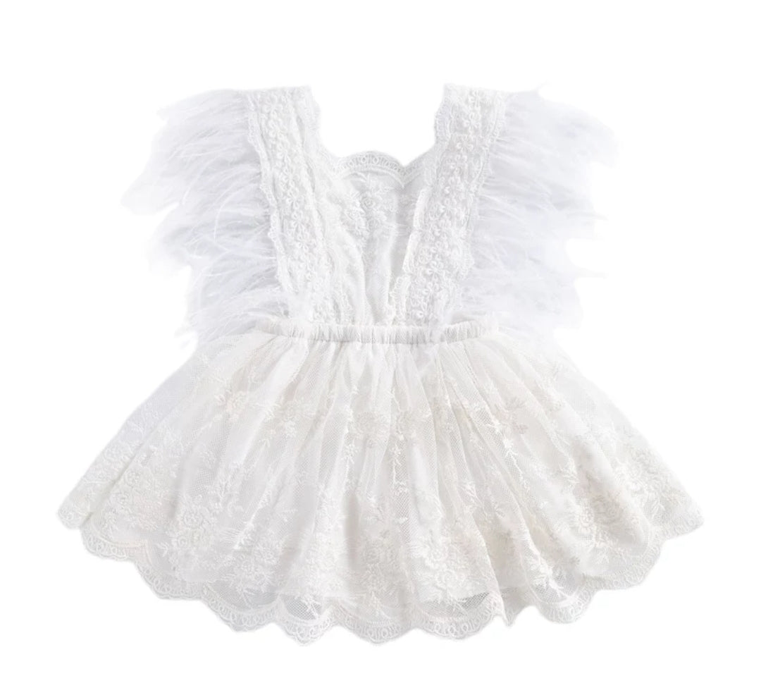 White Lace Dress with Feather Detail