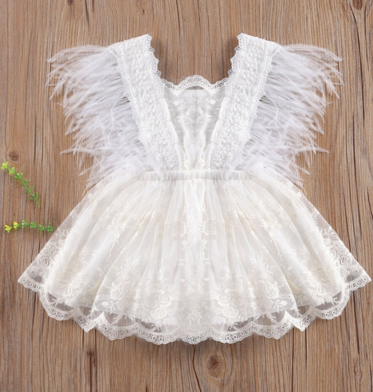 White Lace Dress with Feather Detail