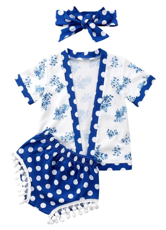 Royal Blue Floral Kimono with Bloomer and Headband