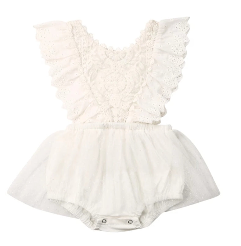 White Lace Romper Dress with Ruffled Detail