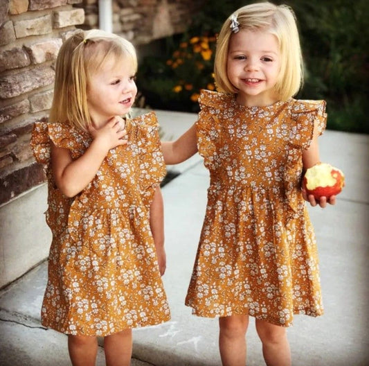 Mustard Floral Vintage Sleeveless Dress 1000389