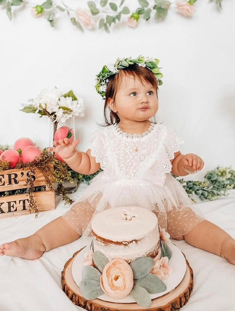 White Lace Romper Dress with Ruffled Detail