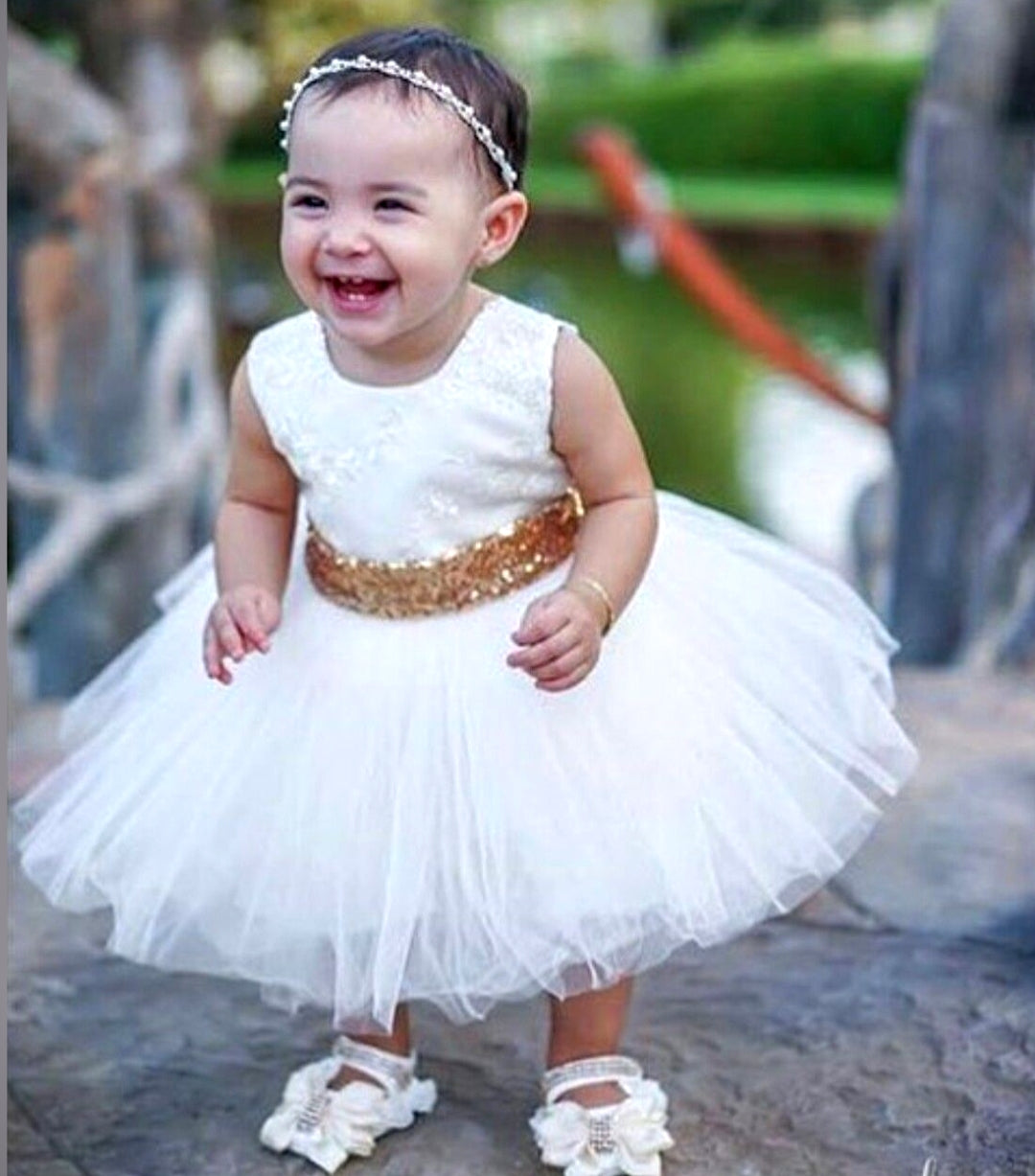 White Lace Tutu Dress with Gold Sequins Bow 1000314