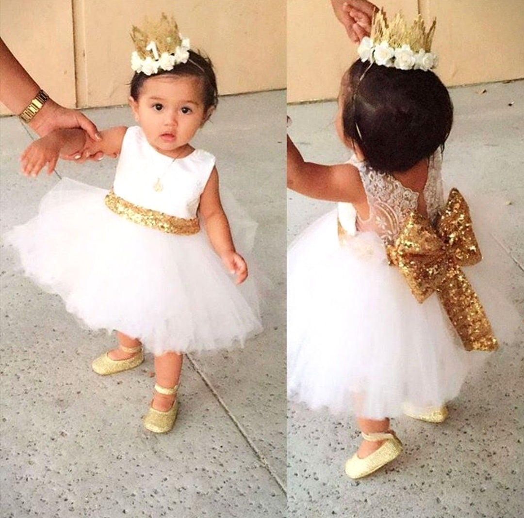 White Lace Tutu Dress with Gold Sequins Bow