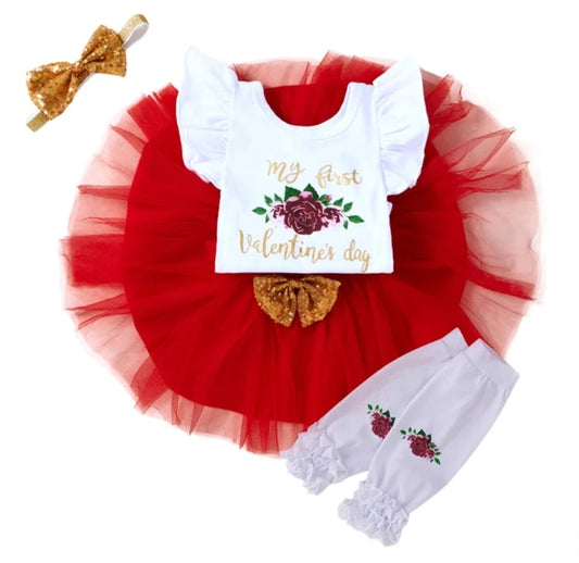 My First Valentines Day Romper with Tutu, Headband and Legwarmers