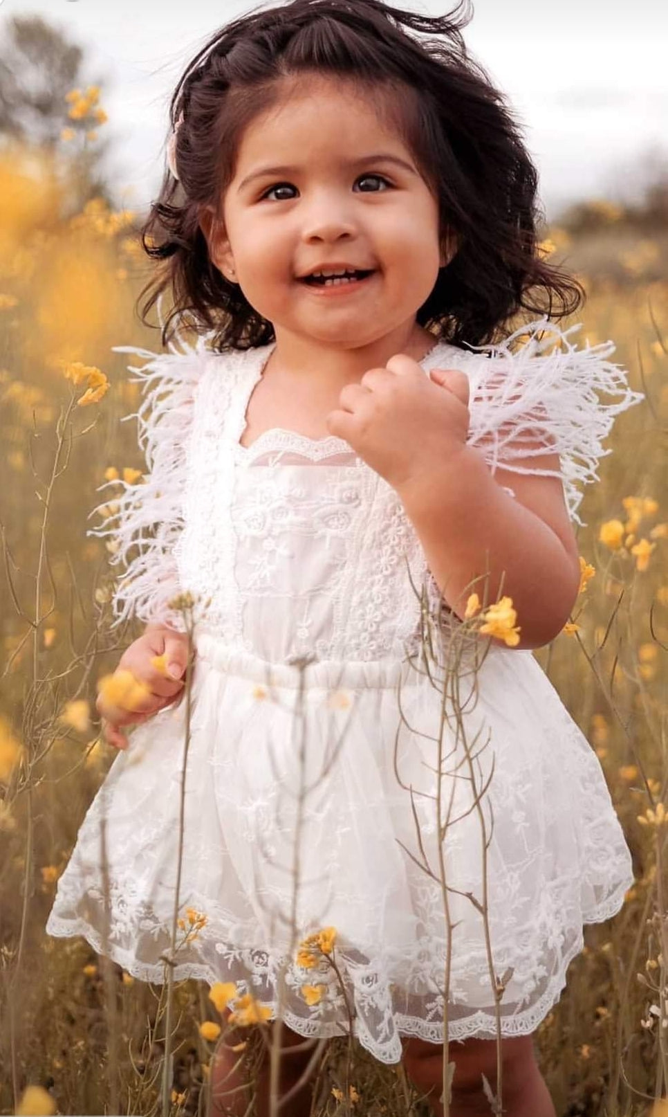 White Lace Dress with Feather Detail