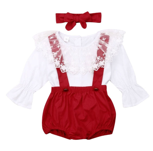White Long Sleeve Top with Lacr Neckline , Red Overalls and Headband