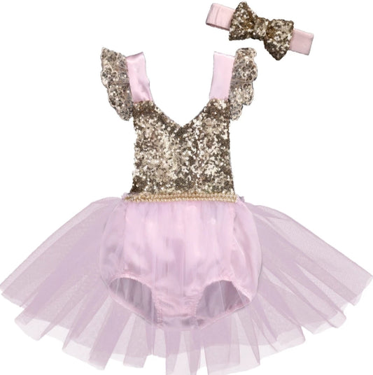 Pink and Sequins Romper with Romantic Tutu