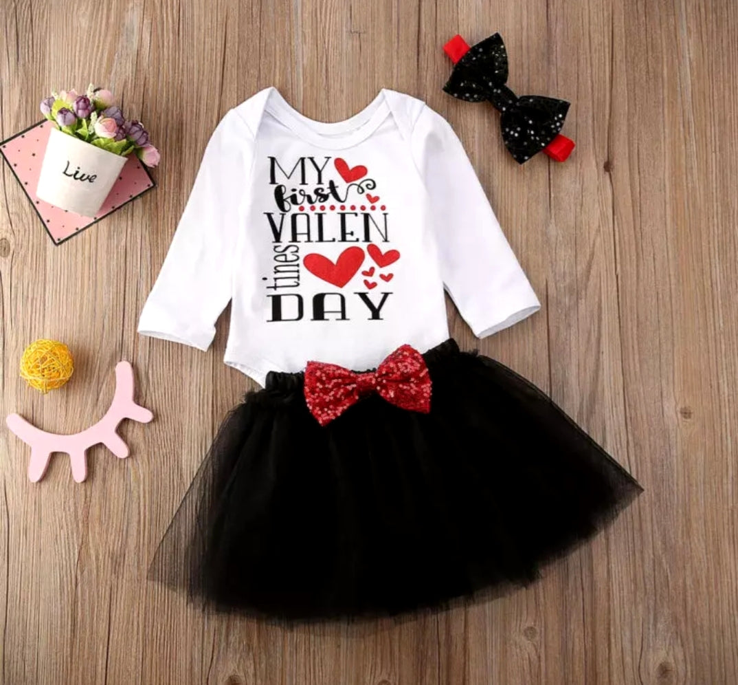 My Frist Valentines Day Romper with Black Tutu and Headband 1000867