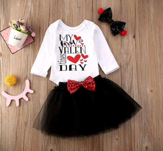 My Frist Valentines Day Romper with Black Tutu and Headband 1000867