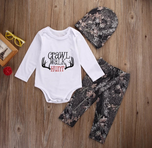 Crawl, Walk, Hunt Romper with Camo Pants and Beanie