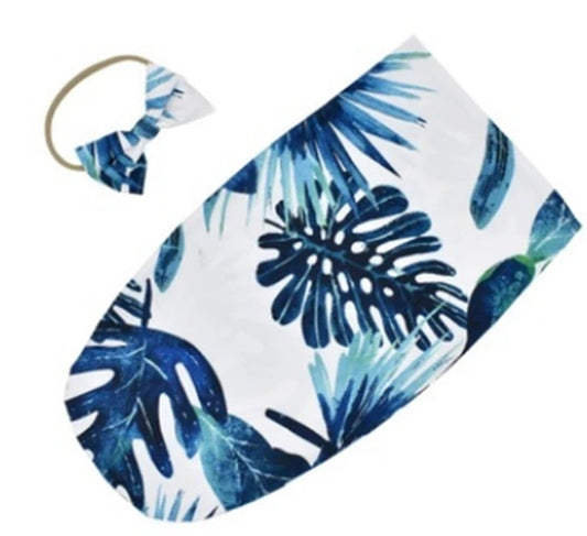 Blue Monstera Leaf Swaddle Bag and Headband