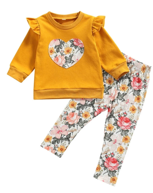 Mustard Floral Ruffle Sleeve Top with Floral Leggings