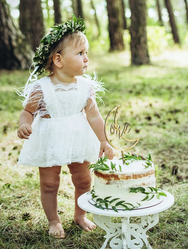 White Lace Dress with Feather Detail