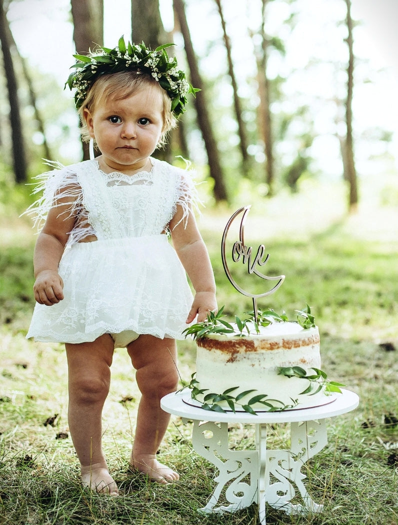 White Lace Dress with Feather Detail