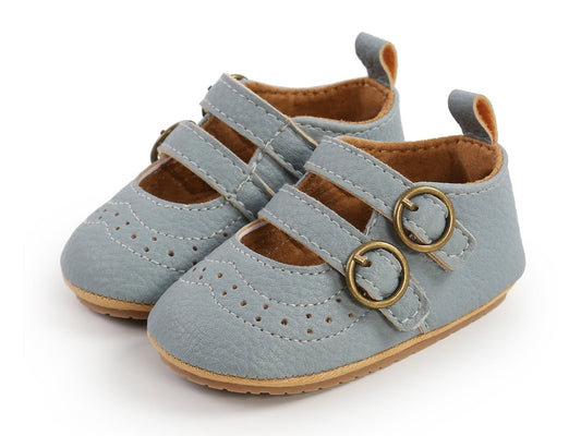 Blue Leather Double Buckle Pumps