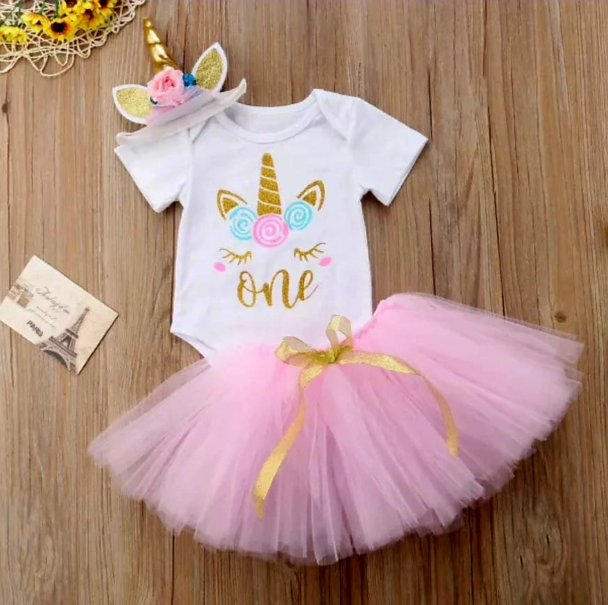 One Unicorn Birthday Romper with Tutu and Unicorn Headband 