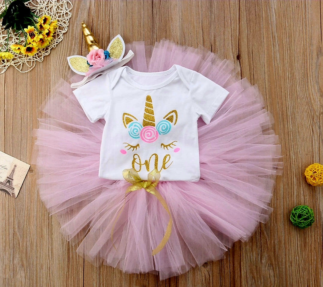 One Unicorn Birthday Romper with Tutu and Unicorn Headband 