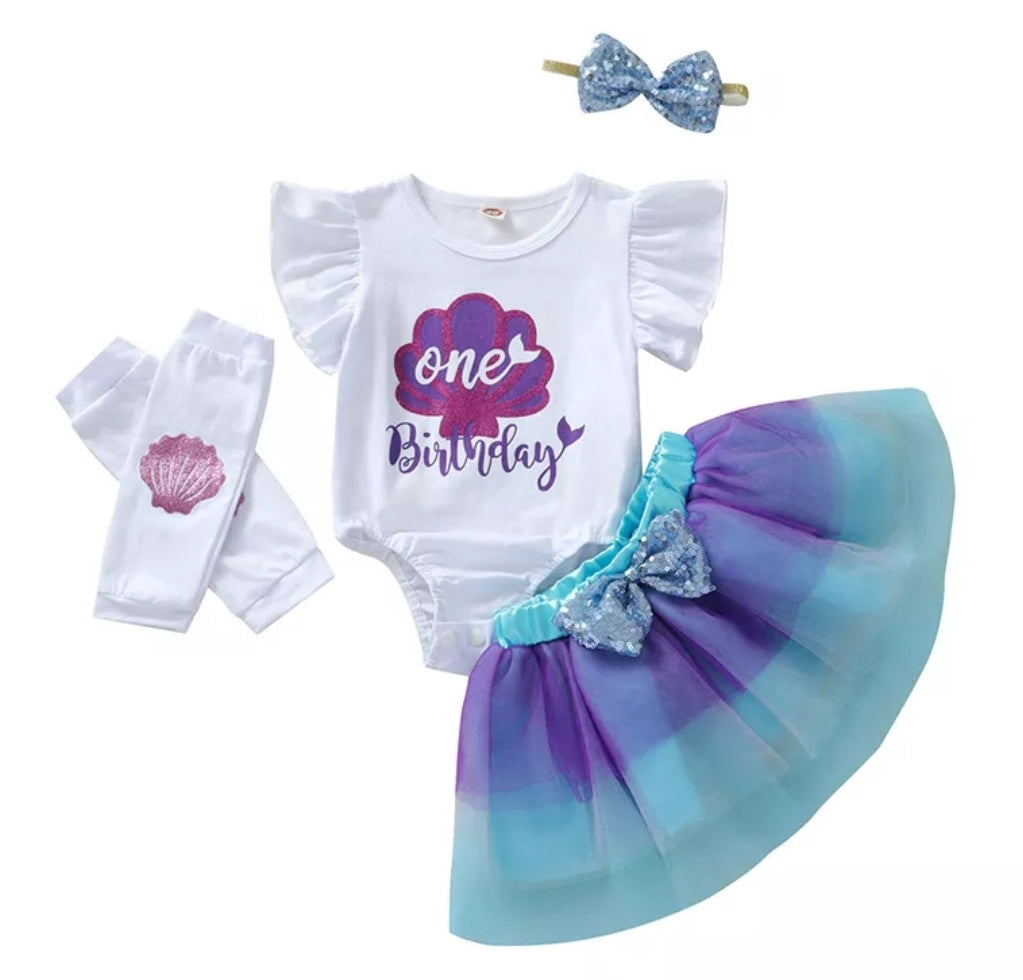 One, Under The Sea / Mermaid Romper with Tutu, Headband and Leg Warmers